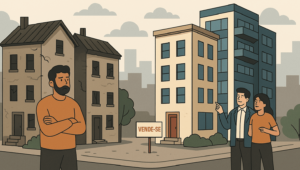 Imagem ilustrativa de um casal em frente um prédio com a placa de vende-se para ilustrar o que é gentrificação