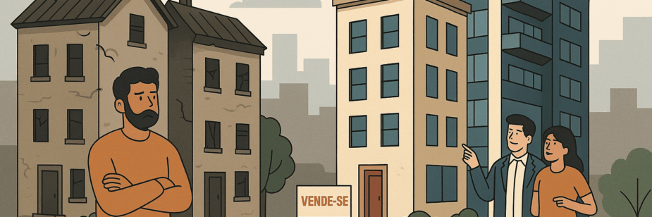 Imagem ilustrativa de um casal em frente um prédio com a placa de vende-se para ilustrar o que é gentrificação