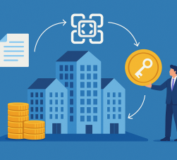Ilustração mostrando o conceito de tokenização de imóveis com prédios, moedas douradas, símbolo de blockchain e homem segurando token digital