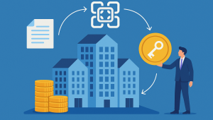 Ilustração mostrando o conceito de tokenização de imóveis com prédios, moedas douradas, símbolo de blockchain e homem segurando token digital