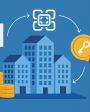 Ilustração mostrando o conceito de tokenização de imóveis com prédios, moedas douradas, símbolo de blockchain e homem segurando token digital