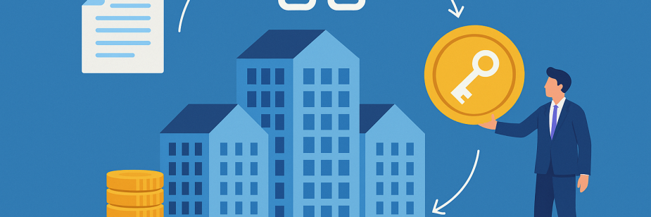 Ilustração mostrando o conceito de tokenização de imóveis com prédios, moedas douradas, símbolo de blockchain e homem segurando token digital