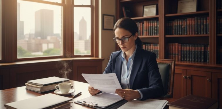 Mulher lendo compromisso de compra e venda de imóvel - contrato imobiliário